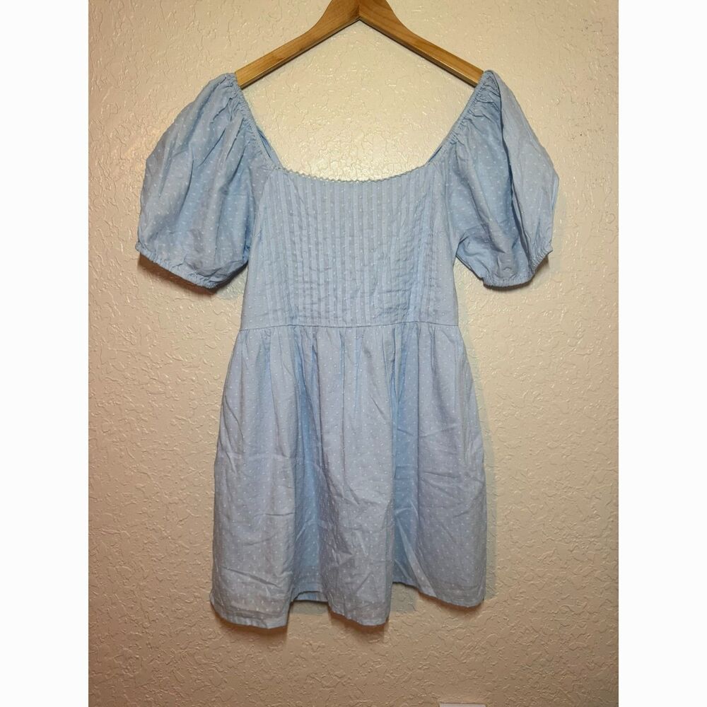 ASOS Blue Cotton Dobby Mini Dress Lace Up Back Puff Sleeve Size 12